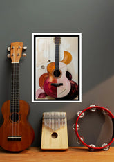 Guitar art print on a wall with musical instruments below