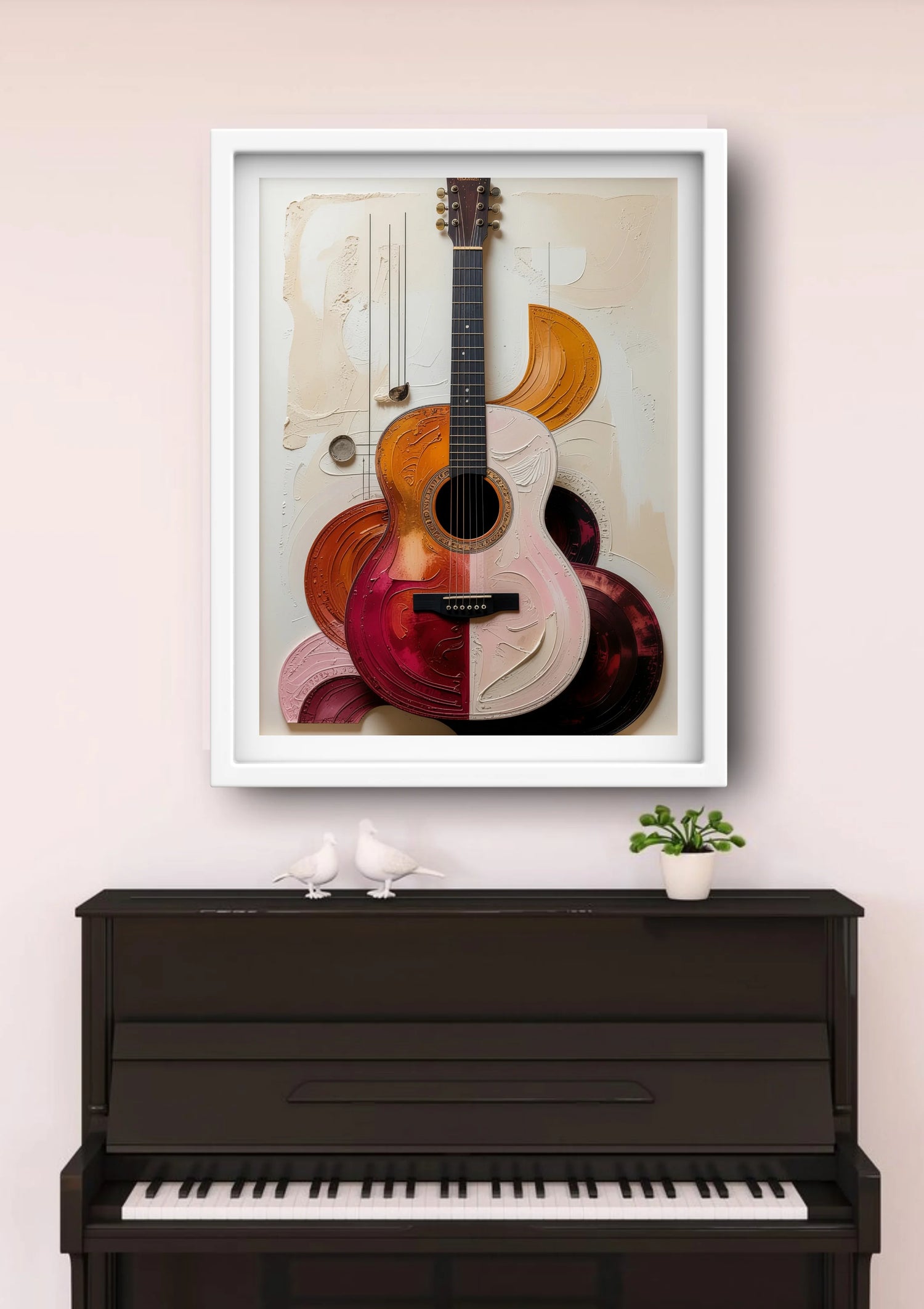 Framed artwork of a colorful guitar on a wall above a piano