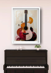 Framed artwork of a colorful guitar on a wall above a piano