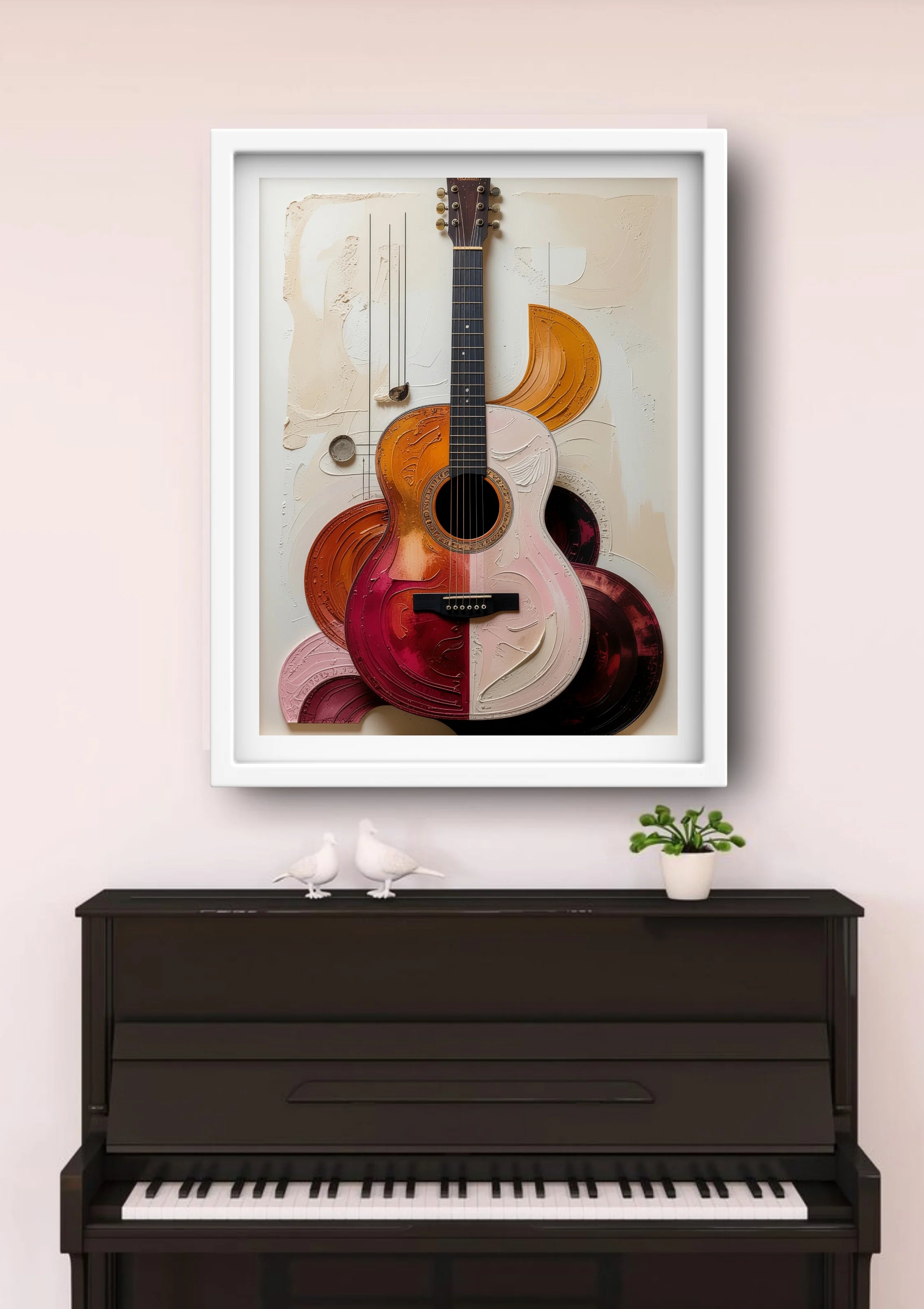 Framed artwork of a colorful guitar on a wall above a piano