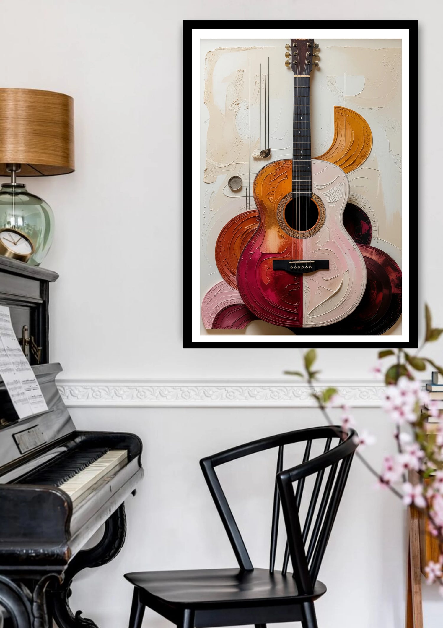 Framed artwork of a guitar in a living room with a piano and chair.