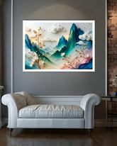 A framed wall art print featuring a stylized 3D mountain landscape with teal, blue, pink, and cream tones, displayed above a white leather sofa in a modern room with a gray wall and wood floor.
