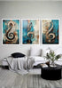 A three-panel framed wall art set featuring large abstract musical treble clefs in blue, teal, beige, and brown tones, displayed above a white sofa in a modern living room setting.