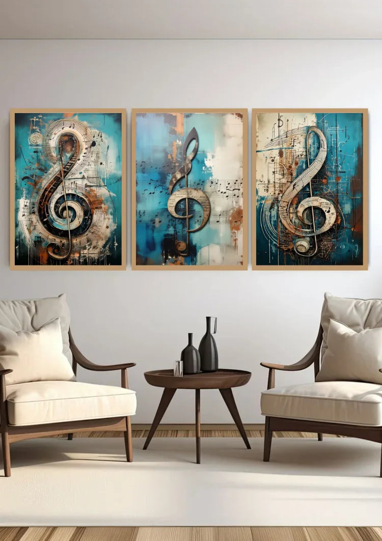 A set of three framed canvas wall art prints featuring large musical treble clefs over blue and beige abstract backgrounds, displayed in a modern living room setting above two armchairs and a small round table.