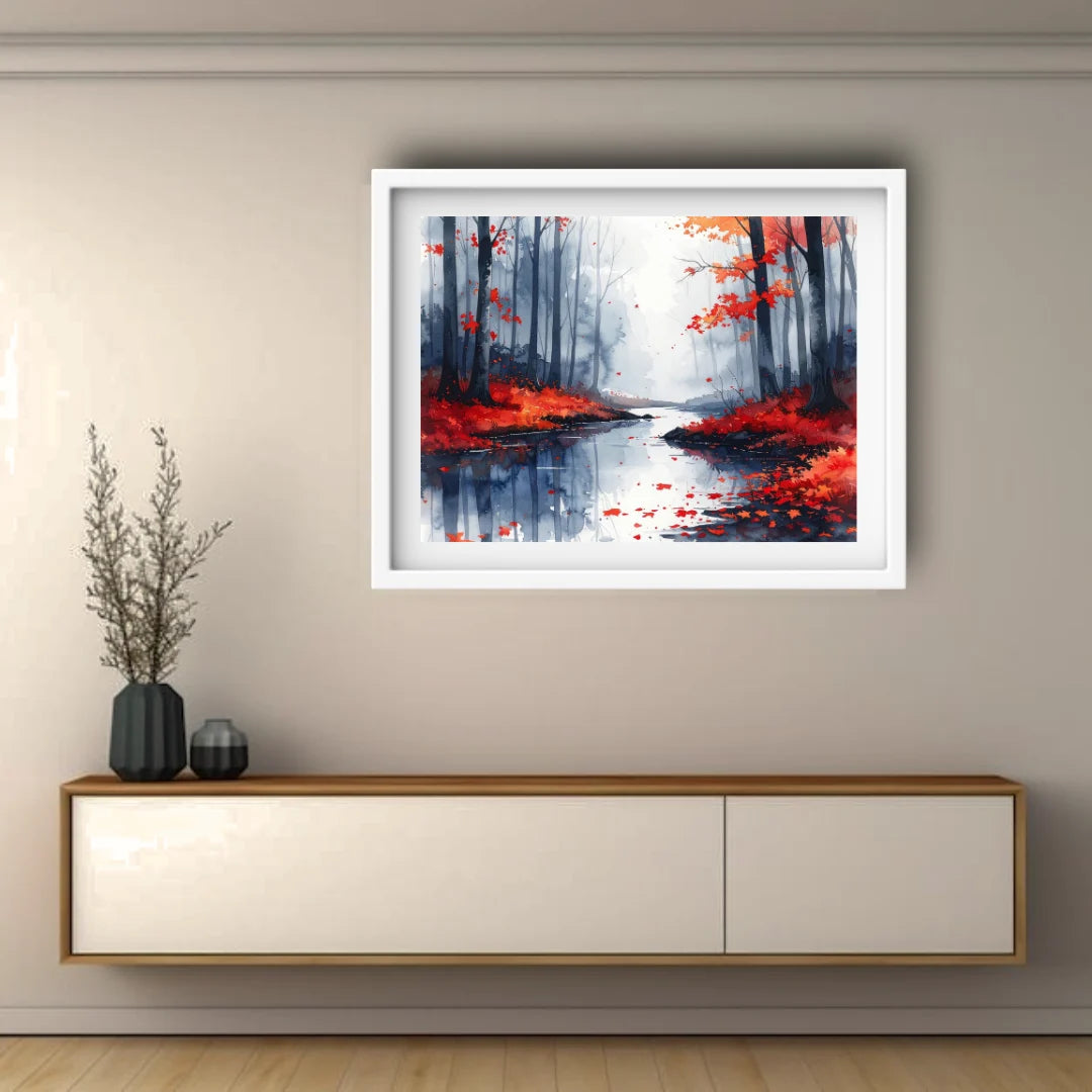 Framed abstract painting of a forest scene with red and blue colors on a wall above a wooden console table.