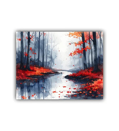 Painting of a forest scene with red foliage and a stream.