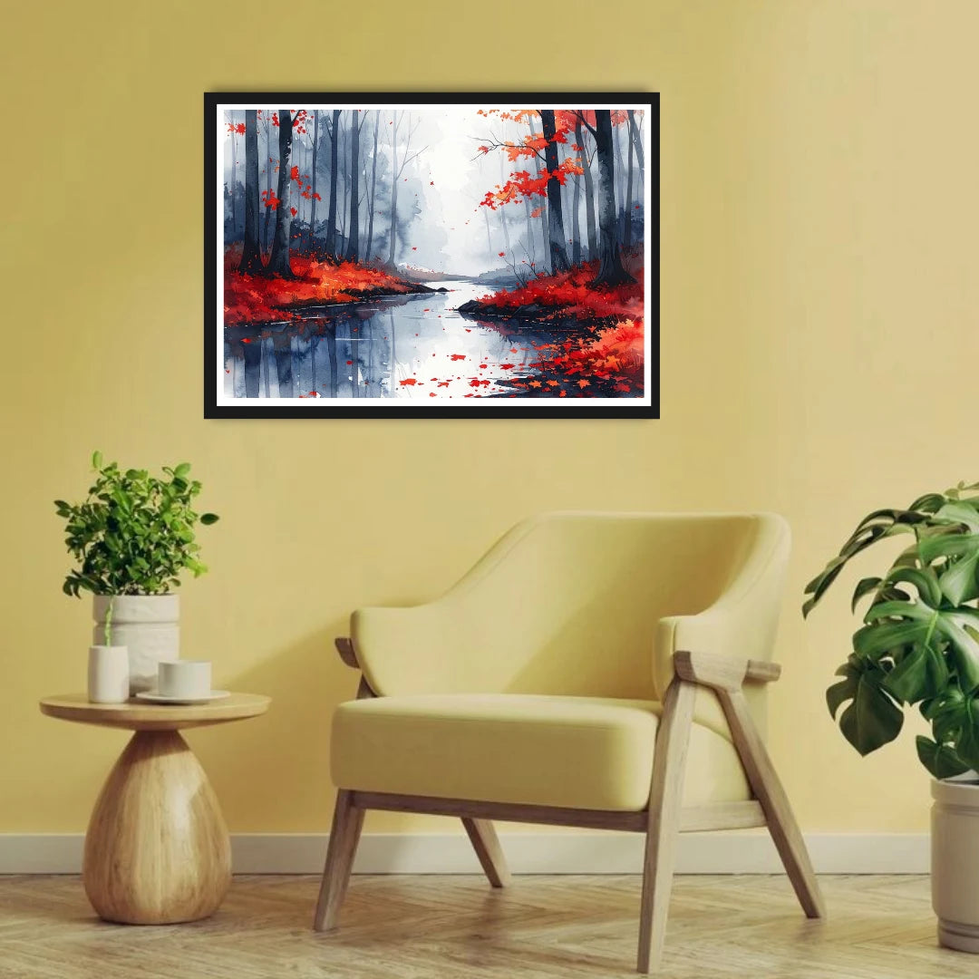 Framed artwork of a forest scene with red leaves on a yellow wall above a chair.