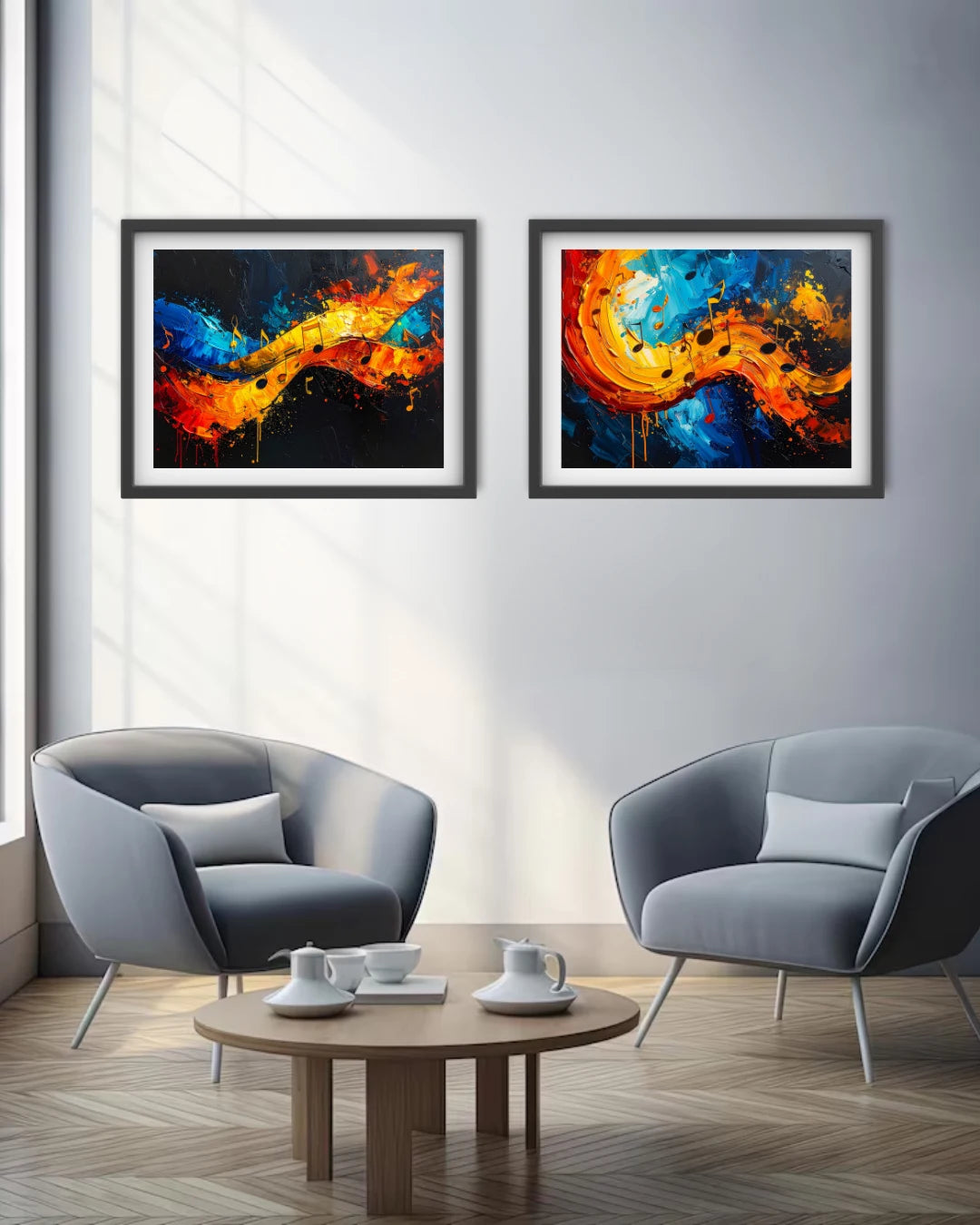 Two framed abstract paintings with vibrant orange, yellow, and blue brushstrokes hang on a light gray wall above a round wooden coffee table and two gray armchairs in a modern living room setting.