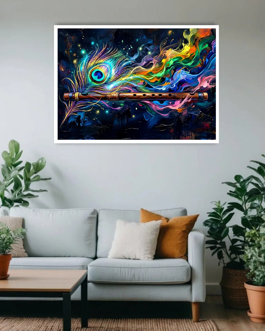 abstract peacock wall art canvas in modern living room decor