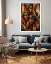 abstract tribal faces wall art canvas in modern living room decor