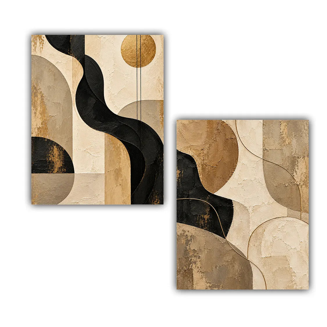 Two abstract wall art panels with curved geometric shapes in beige, brown, black, and gold tones, shown on a white background.