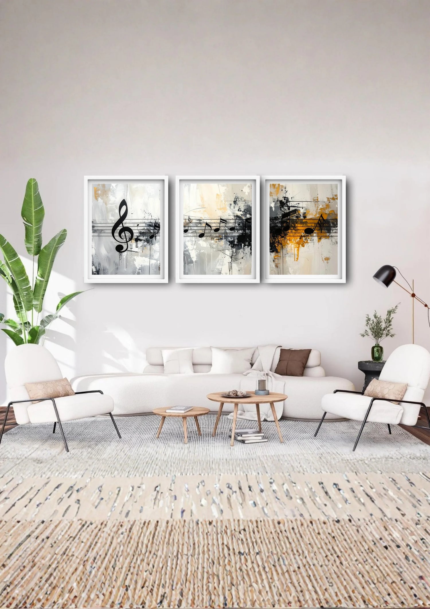Modern living room with a white sofa, decorative plants, and abstract art on the wall.