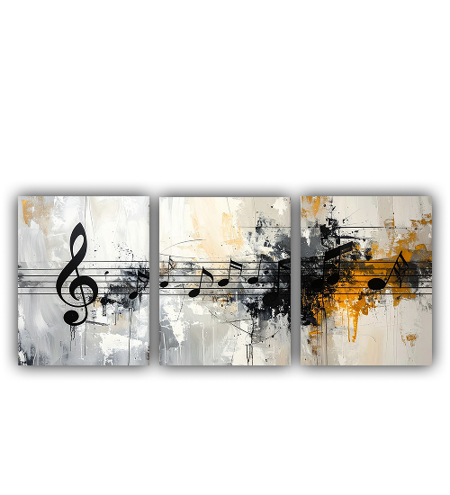 Three abstract music-themed wall art pieces with notes and a clef symbol on a white background.