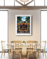 vintage jeep canvas artwork displayed in cozy living room