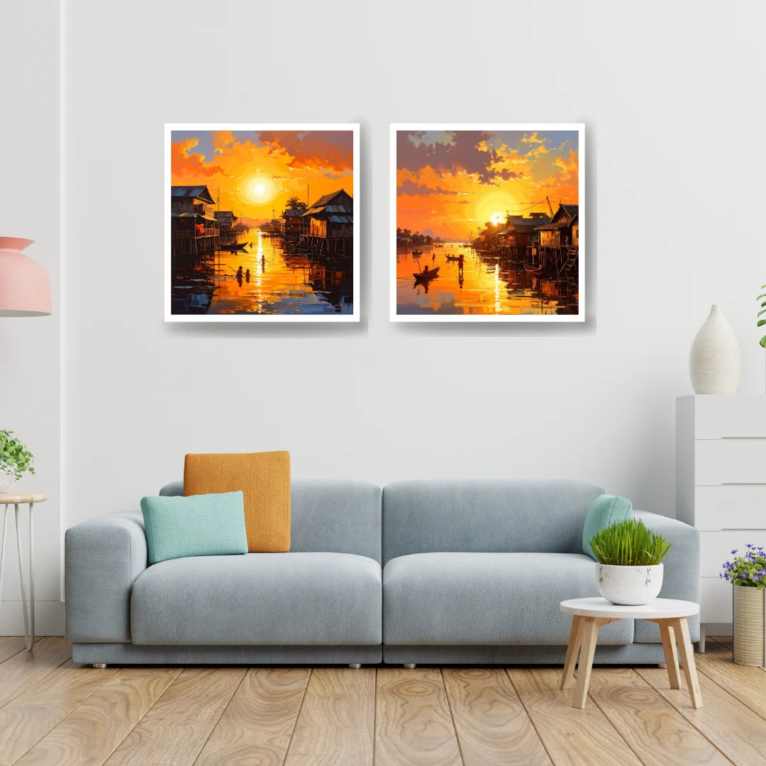Golden Reflections: Sunset Village on the Water