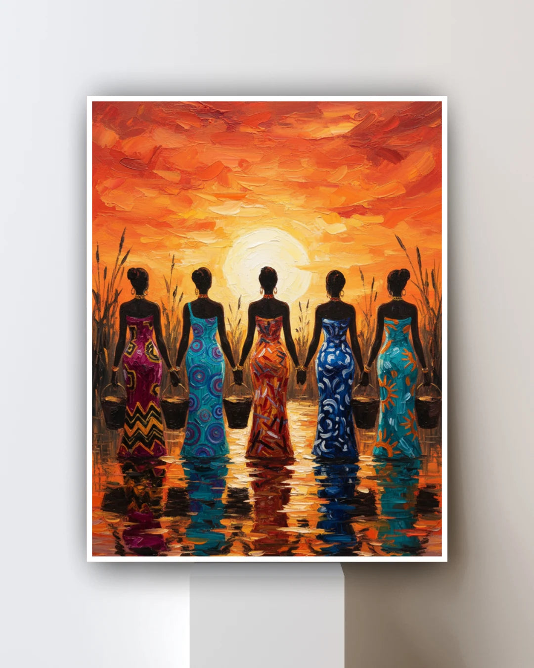African tribal style canvas painting featuring traditional figures and sunset, modern wall decor art