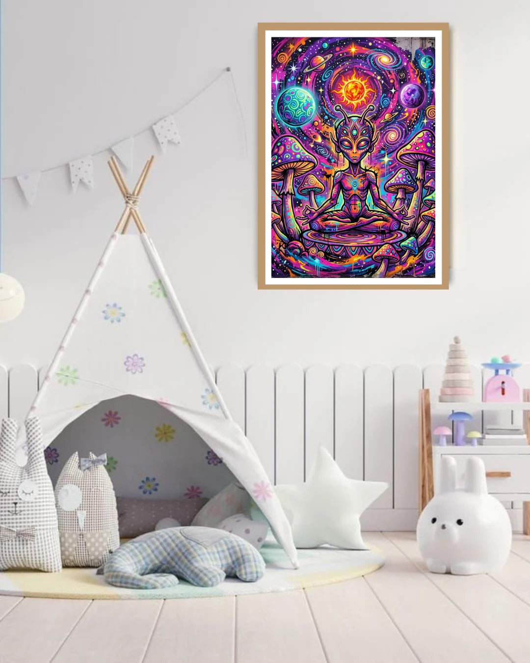 psychedelic alien wall art canvas in kids playroom setup