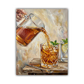 A square canvas painting depicting a hand pouring amber-colored tea from a glass pitcher into a faceted tumbler with ice, lemon slices, and mint, set on a wooden surface with a spoon nearby.