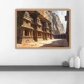 A framed art print depicting ancient stone temple carvings and towering rock cliffs, displayed on a white wall above a dark shelf with decorative white vases.
