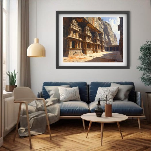 A framed art print depicting the ancient rock-cut temple of Petra, Jordan, styled in a modern living room above a blue sofa.