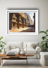 Ancient rock cut temple wall art canvas above sofa decor
