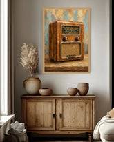 antique wooden radio wall art canvas in modern living room decor