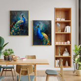 Artistic blue peacock canvas wall art set of two for modern home decor
