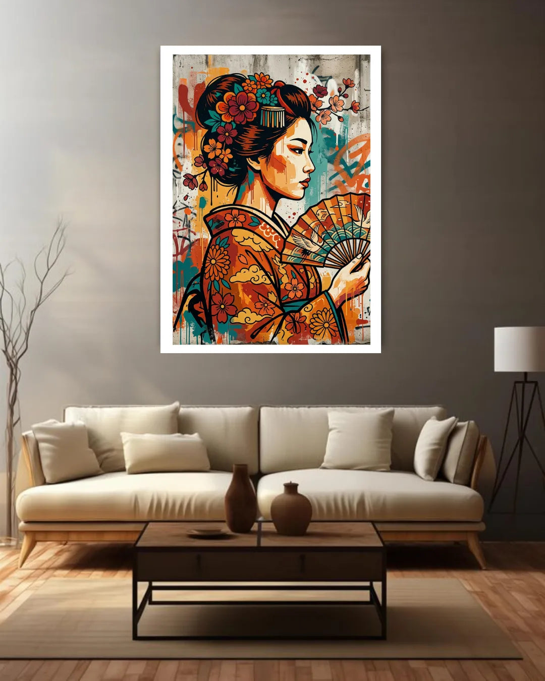 artistic female portrait painting displayed in stylish home interior