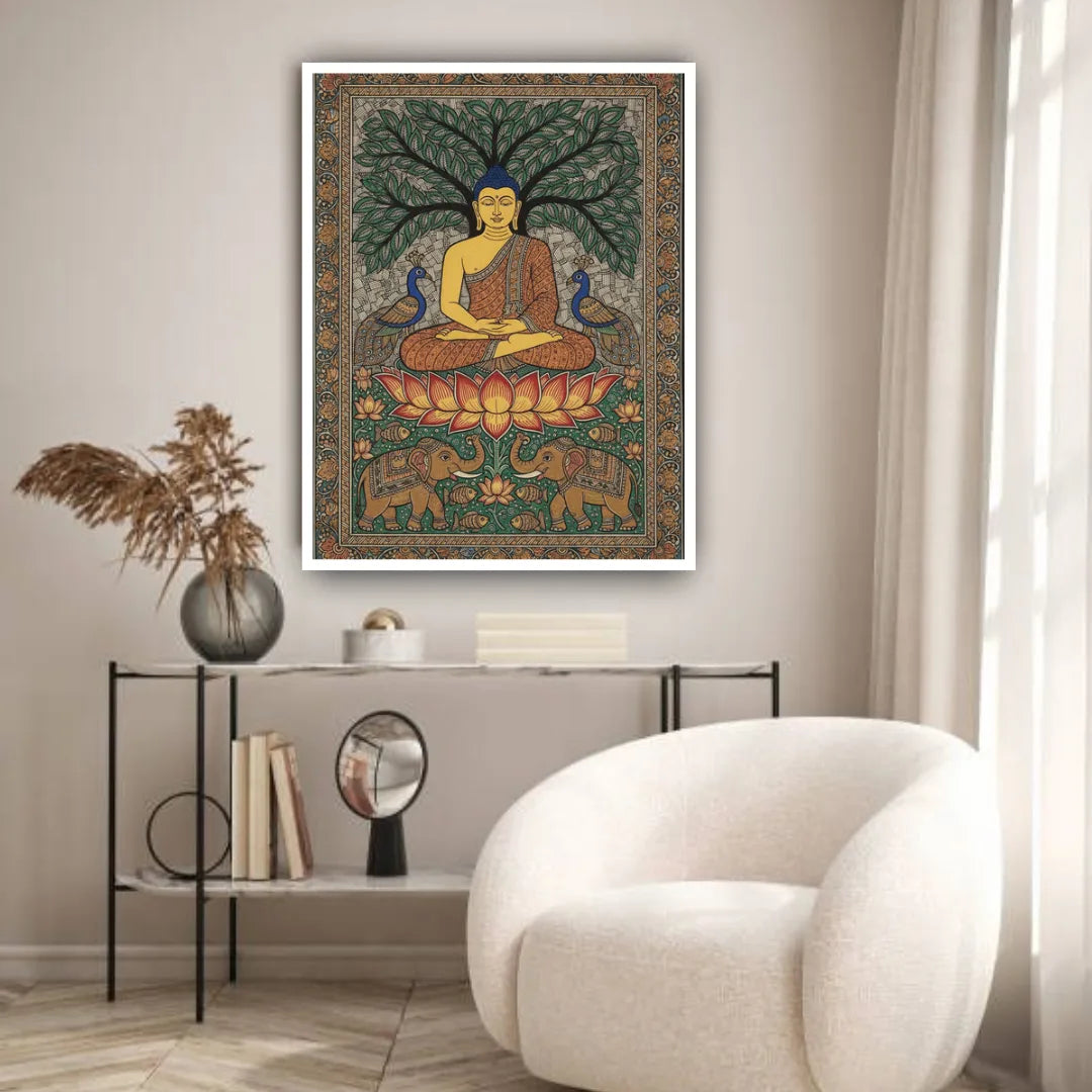 Framed artwork of Buddha on a wall in a living room setting