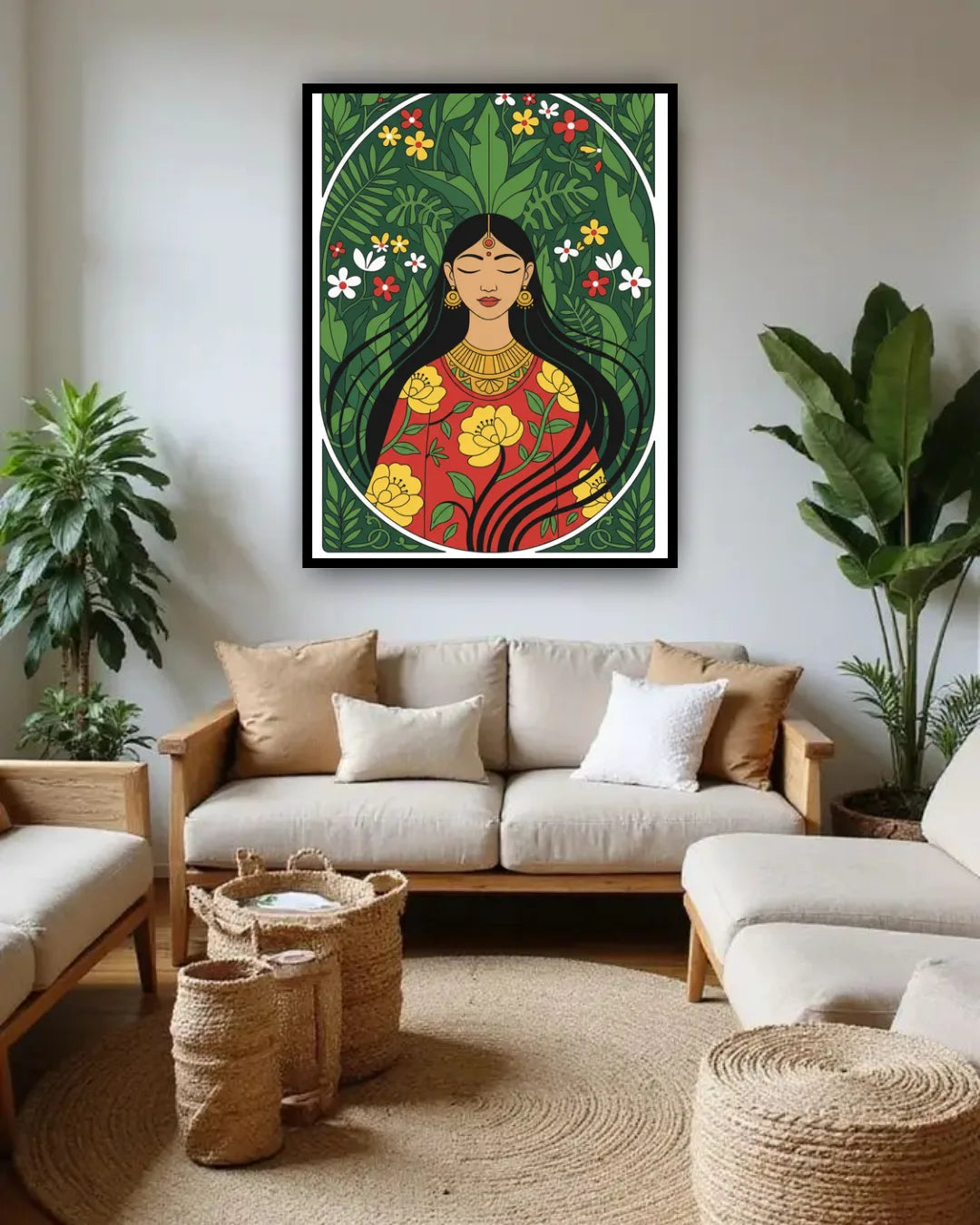 Living room with a colorful framed artwork of a woman on the wall, surrounded by plants and furniture.
