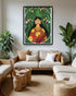 Living room with a colorful framed artwork of a woman on the wall, surrounded by plants and furniture.