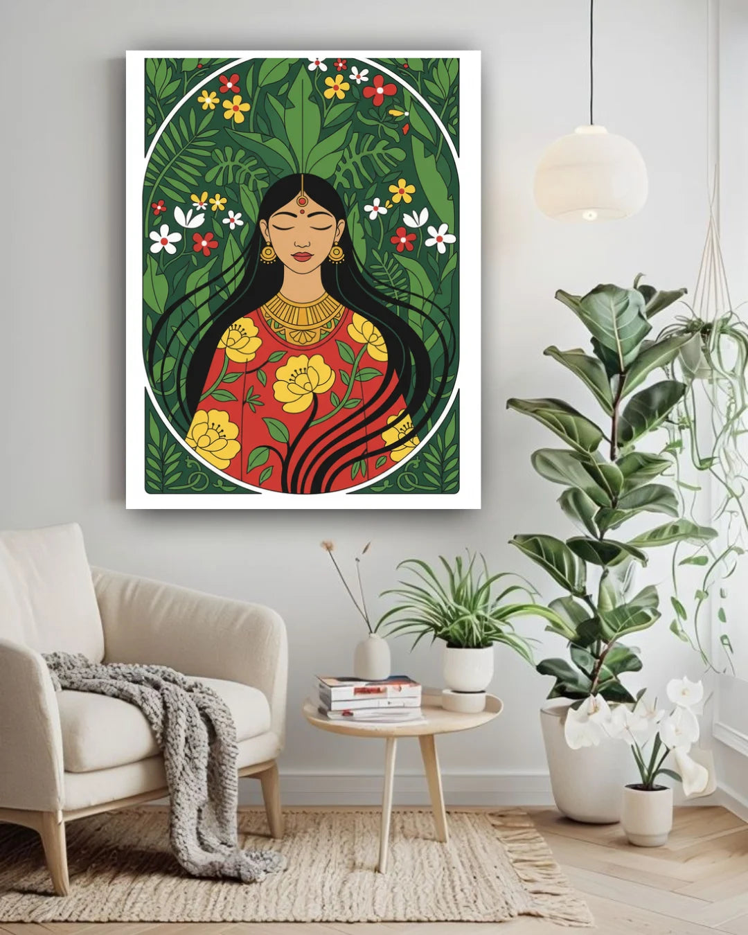 Decorative wall art of a woman with flowers in a living room setting