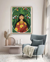 Decorative wall art of a woman with flowers in a modern living room.