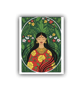 Illustration of a woman with flowers and leaves on a green background