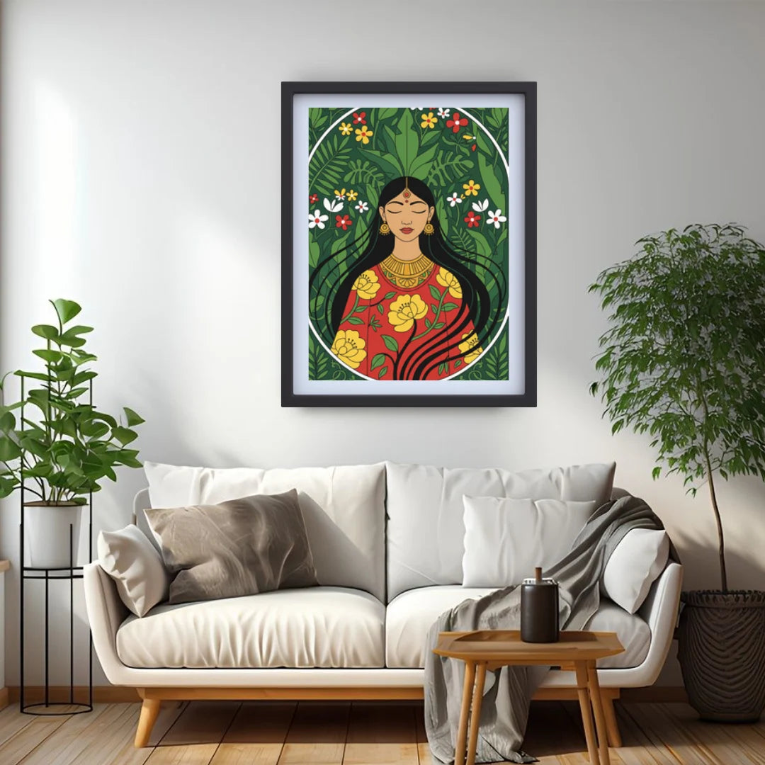 Framed artwork of a woman with floral elements in a living room setting.