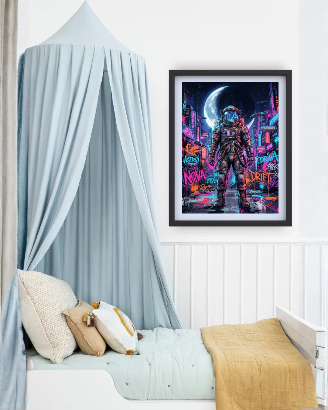space astronaut wall art canvas in modern bedroom decor