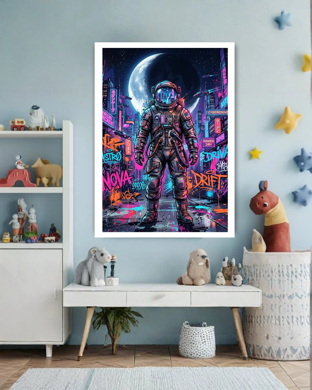 astronaut graffiti wall art canvas in kids bedroom space theme decor