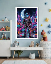 astronaut graffiti wall art canvas in kids bedroom space theme decor