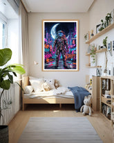 neon astronaut wall art canvas in modern living room interior