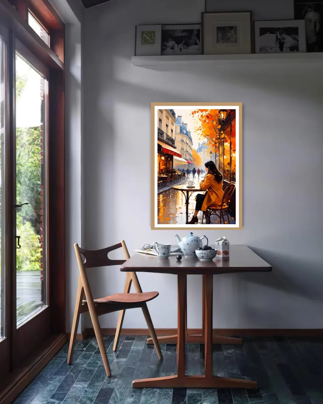 autumn street café painting displayed in modern home interior