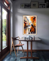 autumn street café painting displayed in modern home interior