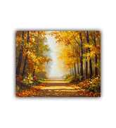 Painting of a forest path with autumn foliage on a white background