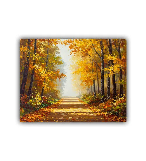 Painting of a forest path with autumn foliage on a white background
