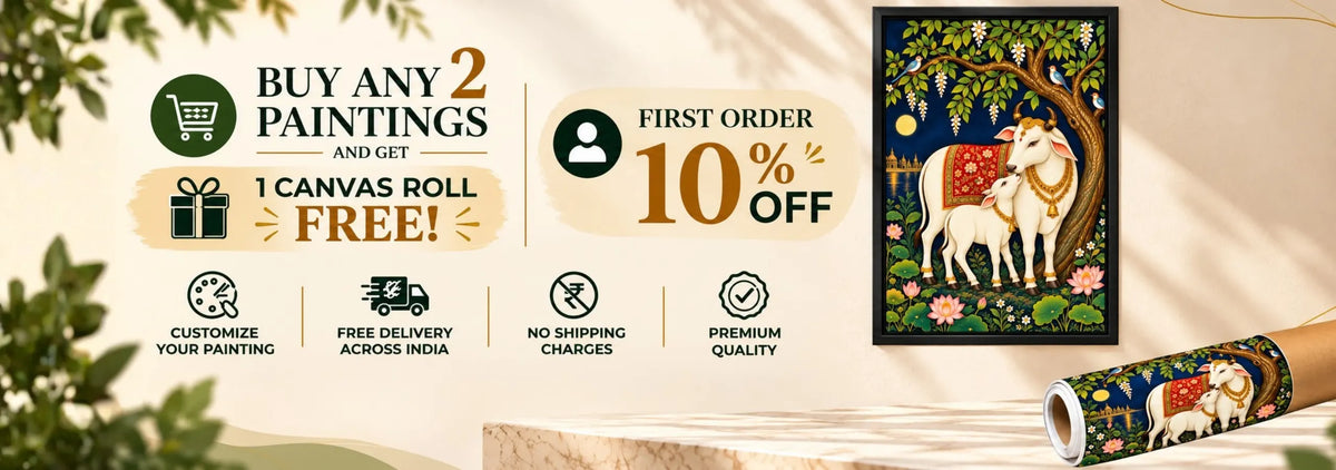 Promotional banner for a canvas art print featuring two white deer under a tree with a dark navy background. The left side includes offer text: 'Buy any 2 paintings and get 1 canvas roll free!' with icons for customization, free delivery, no shipping charges, and premium quality.