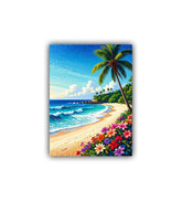 close-up of tropical beach wall art canvas with palm trees and ocean