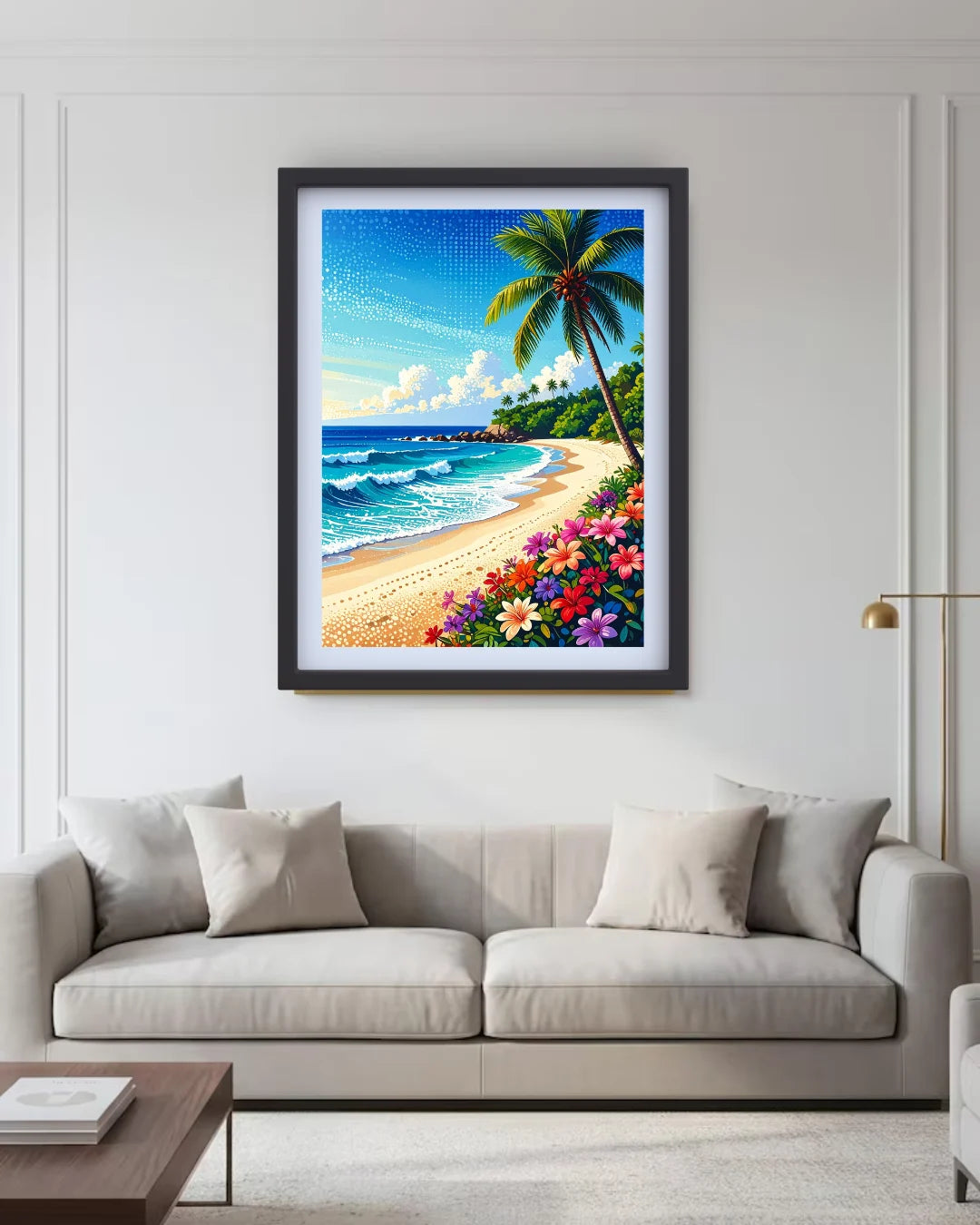 coastal beach painting displayed in cozy living room setup