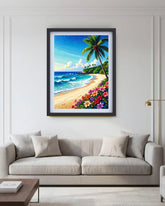coastal beach painting displayed in cozy living room setup