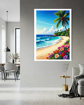 tropical beach wall art canvas displayed in modern living room interior