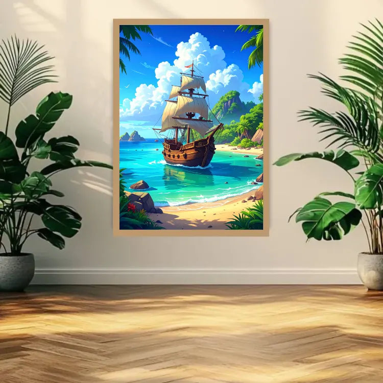 A framed vertical art print depicting a pirate ship sailing into a tropical beach harbor, displayed on a white wall between two potted green plants in a room with a wood floor.