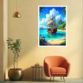 A framed vertical art print depicting a pirate ship sailing into a tropical beach, displayed on a beige wall in a modern living room setting with a chair, side table, and potted plant.